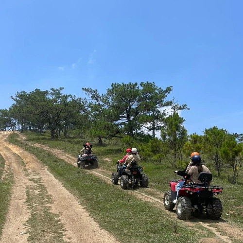 a group riding up a hill on atvs.