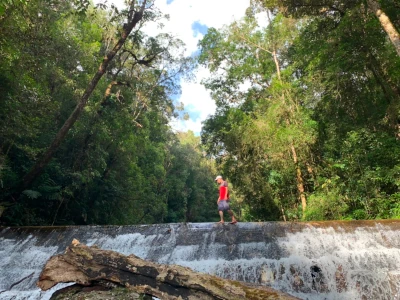 A man walking across the top of a waterfall surrounded by jungle.